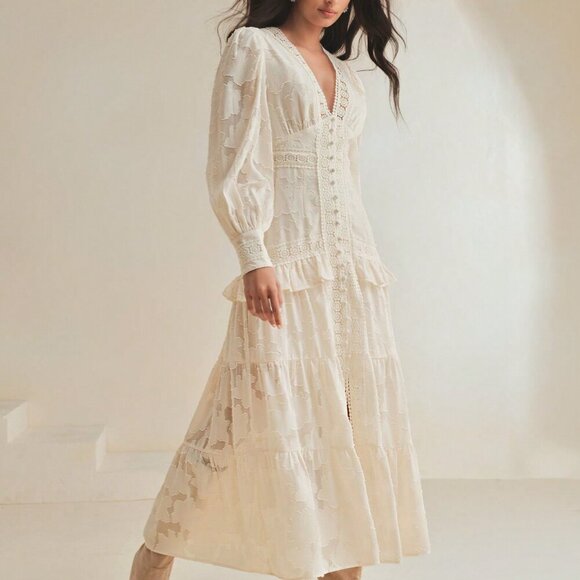 Apricot Elegant Women's V-Neck Puff Sleeve Cinched Waist Dress Maxi Outfit - Picture 5 of 8